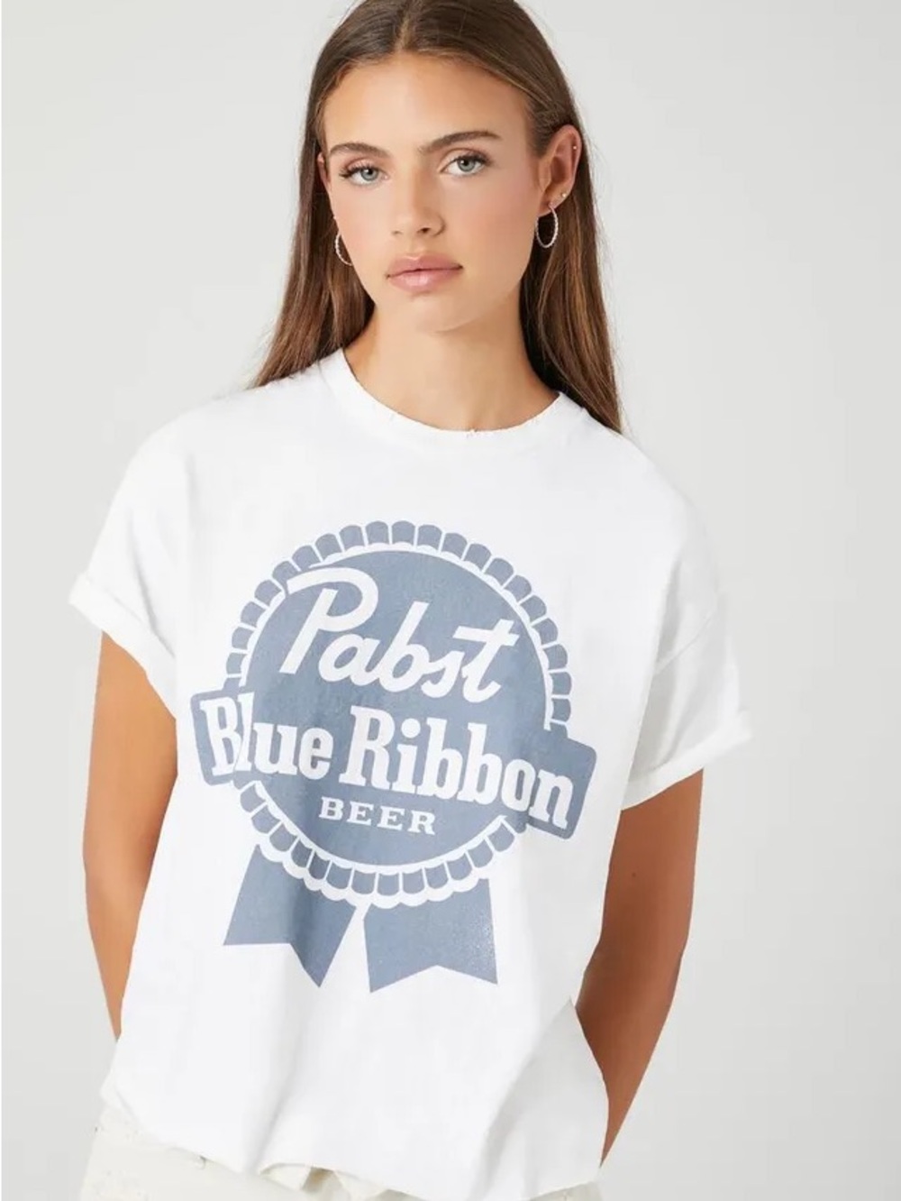 Pabst White 'Blue Ribbon' Logo Short Sleeve Tee w/ Raw Hem